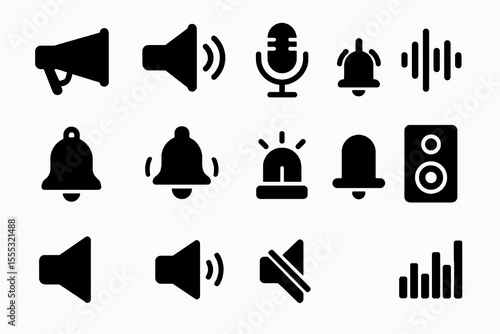 12 black audio icons. Solid vector symbols for sound, noise, broadcast, and audio controls.