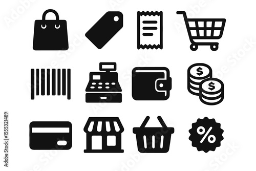 Black set of 12 retail icons. Minimal solid style for shopping, buying and selling designs.