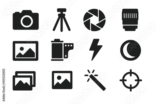 12 black photography icons. Solid vector for cameras, pictures, editing, and visual art.