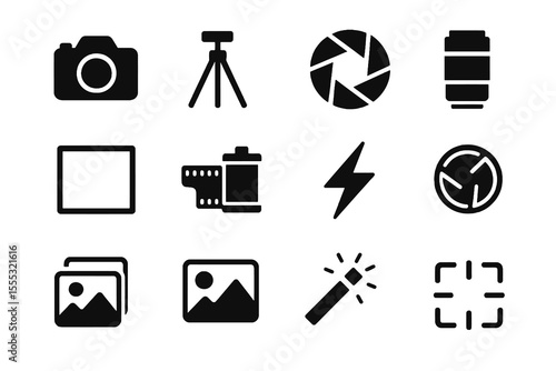 Black set of 12 photo icons. Minimal vector for capturing, editing and creative design.
