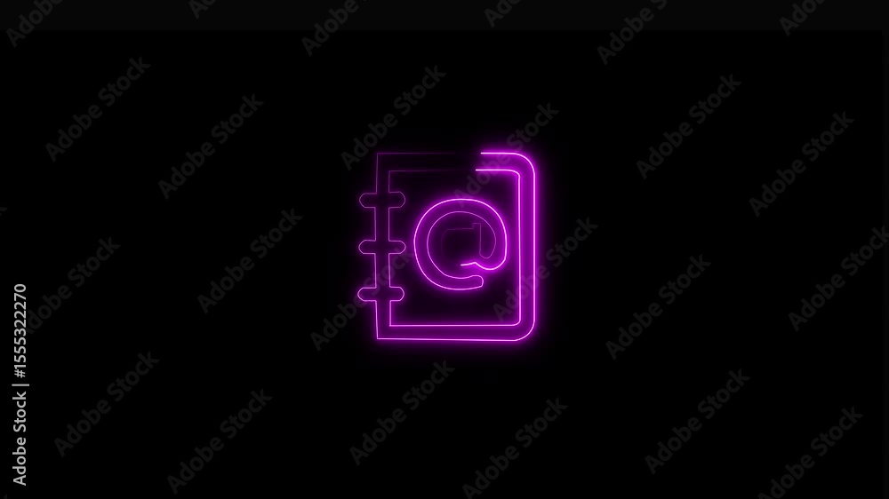 Abstract neon glowing notebook icon animation .Keeping phone numbers and emails for animated user interface element isolated and black color background. Abstract neon glowing notebook icon animation .Keeping phone numbers and emails for animated user interface element isolated and black color background.