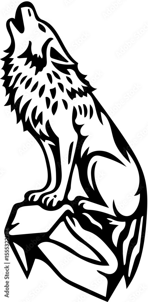 Obraz premium Wolf howling on a rock, clean tribal silhouette, black and white tattoo-inspired decal