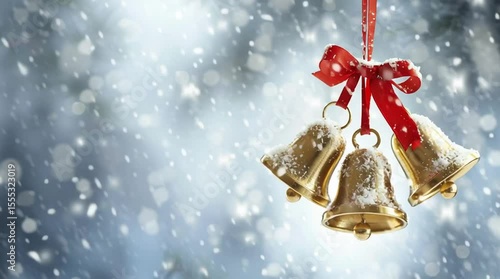 Festive Bells in Winter Snowfall: Golden bells adorned with red ribbon, delicately dusted with snow, evoke the festive cheer of the season.