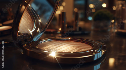 Elegant makeup compact with shimmering powder, captured in a soft, glamorous light