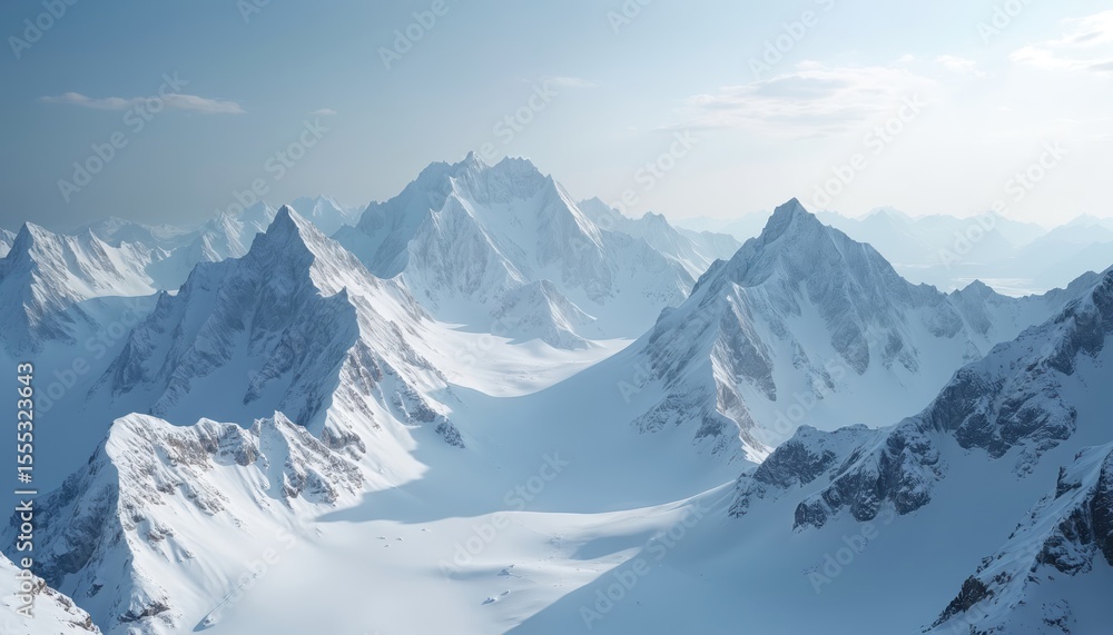 Obraz premium Winter mountain peaks covered snow. Cold weather, pristine landscape. Aerial view of high altitude, frosty ridges, summits, wilderness, arctic. Peaceful, isolated, serene scene.