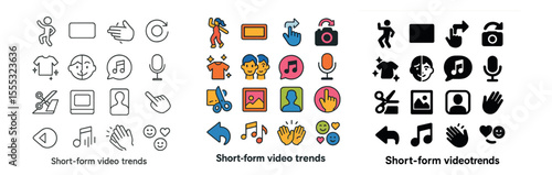 Short-form video trends icons set – linear, multimedia and creative symbols