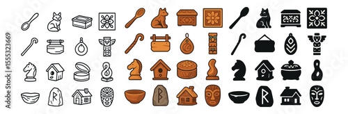 Wooden crafts icons set: outline style with detailed and natural design symbols