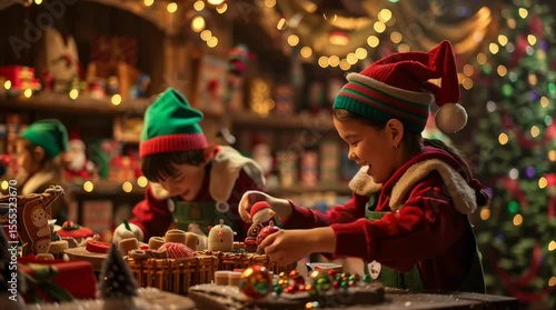 Christmas Elf Workshop: Capturing a scene filled with Christmas spirit, two elf children are engrossed in decorating holiday ornaments inside a whimsical workshop, surrounded by festive decorations.