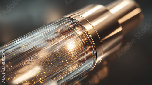 A close-up of an elegant and luxurious cosmetic bottle, with golden accents and a sleek design, hinting at premium skincare or beauty products