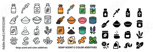 Soap and scent icons set - outline, fragrance and color additives symbol pack