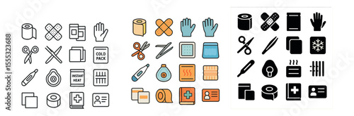 First aid and medical icons set – flat, emergency care and health symbols