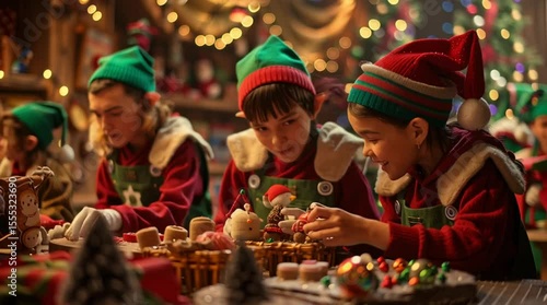 Christmas Elves: A magical workshop filled with festive cheer, where elves busily craft and prepare for the upcoming holiday season, surrounded by twinkling lights and Christmas ornaments.