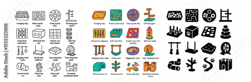 Pet enrichment icons set – flat, activity and puzzle toys for pets design elements