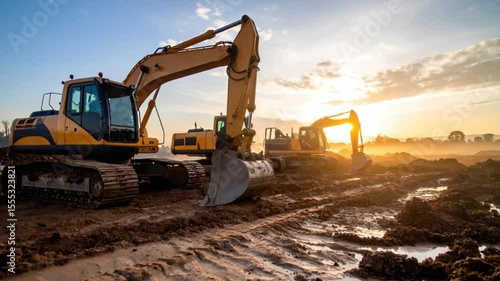 Construction vehicles at sunrise site