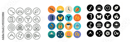 Nature and wellness icons set – outline, flat, silhouette symbols for health and serenity