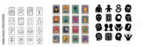 Mental health icons set – outline, psychology and therapy symbol collection