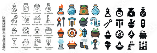 Alchemy and magic icons set – outline, mystical and fantasy symbol collection