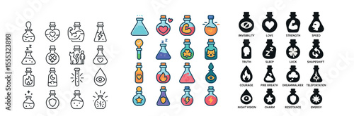 Magic potions icons set – outline, linear, alchemy and mystical symbols