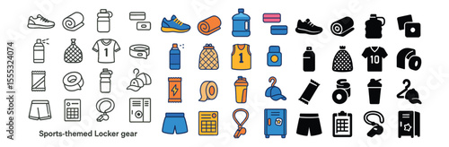 Sports and fitness icons set – outline, exercise and gym equipment symbols