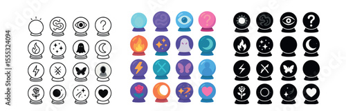 Fortune telling icons set – line style with mystical and psychic symbols