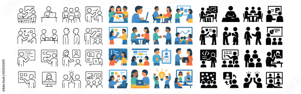 Teamwork and meeting icons set – flat, collaboration and business symbols Teamwork and meeting icons set – flat, collaboration and business symbols