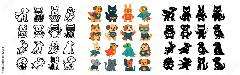 Naklejka premium Animal superheroes icons set – flat style, cartoon and playful character symbols