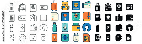 Travel and holiday icons set – flat, vacation and adventure symbol collection