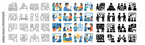 Teamwork and meeting icons set – flat, collaboration and business symbols