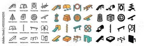 Playground equipment icons set – line style, kids play area and park symbols