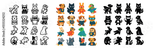 Animal superheroes icons set – flat style, cartoon and playful character symbols
