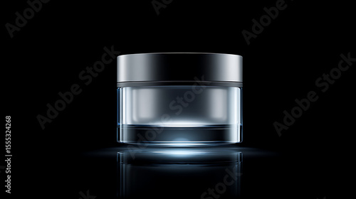 A jar of cosmetic product with a minimalistic and elegant design, against a dark background