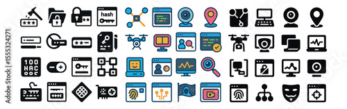 Cybersecurity and technology icons set – flat, digital protection and network symbols