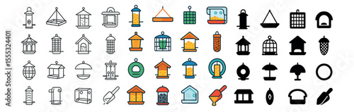 Bird feeder icons set – outline, garden, wildlife and nature design elements