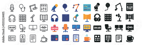 Podcast and radio icons set – flat, broadcasting and audio media symbols