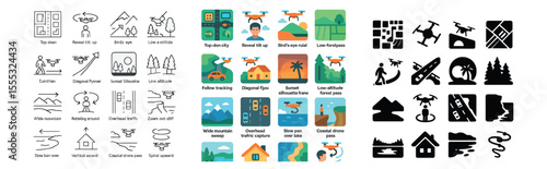 Drone navigation icons set – silhouette, unmanned aerial vehicle and flight symbols