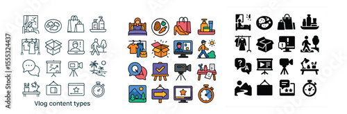Vlog content types icons set – flat, multimedia and digital symbols collection