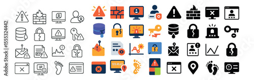 Cybersecurity icons set – outline, protection and privacy symbols for digital security