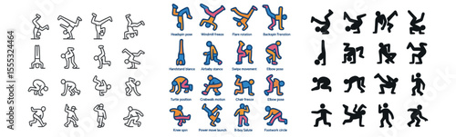 Breakdance and hip-hop icons set – outline, street dance and b-boy style symbols