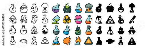 Chemistry experiment icons set – outline, scientific and lab symbol graphics
