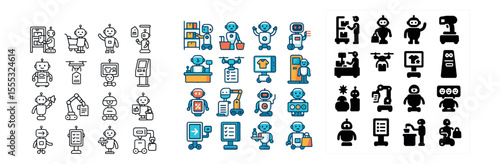 Robots and ai icons set – outline and flat, automation and technology symbols