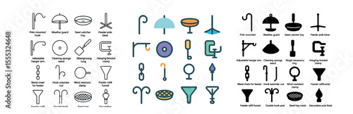 Bird feeding accessories icons set – silhouette, bird feeder and hook symbols