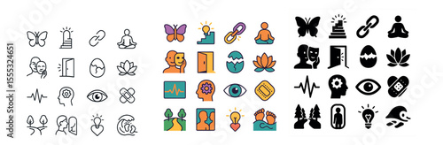 Mindfulness and wellness icons set – flat, meditation and relaxation symbols