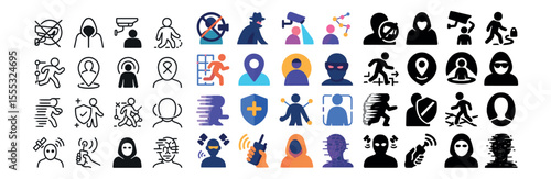 Surveillance and security icons set – flat, monitoring and protection symbols collection