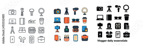 Vlogging essentials icons set – flat, digital content and social media symbols