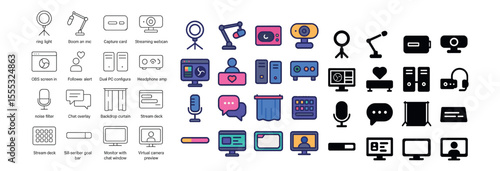 Streaming essentials icons set – flat, podcast and broadcast equipment symbols