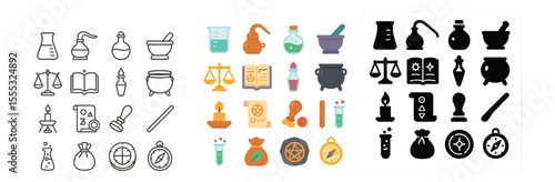 Alchemy and magic icons set – linear, mystical and wizardry themed graphics