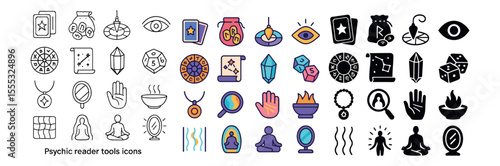 Psychic reader tools icons set – outline, mystical and fortune-telling symbols