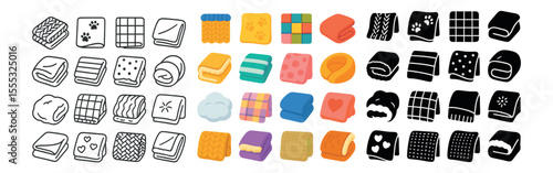 Blanket icons set – line and flat cozy throws, blankets, and fabrics symbols
