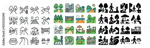 Cityscape and park icons set – line style, urban and nature themed graphics