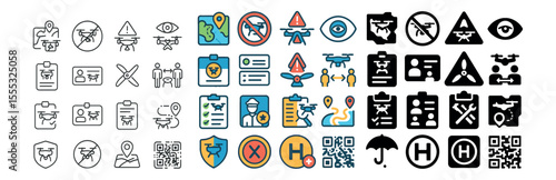 Drone and aerial photography icons set – flat, uav and flight control designs